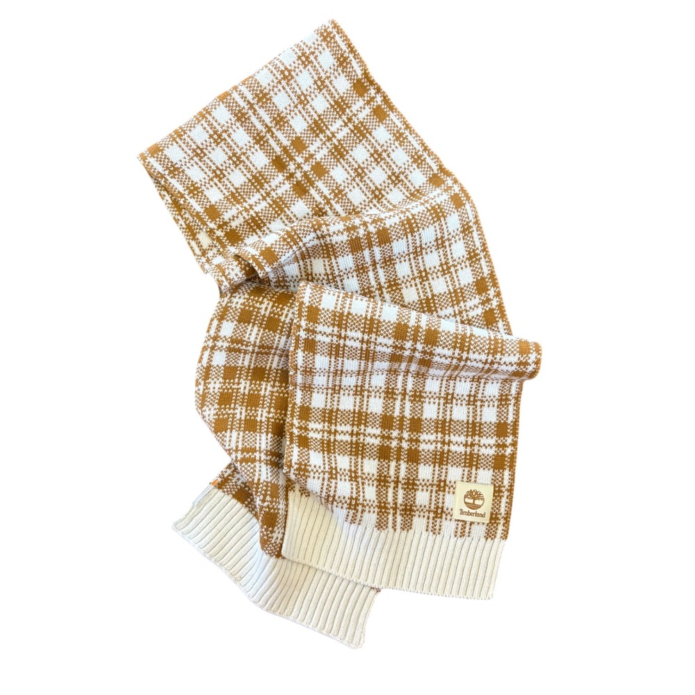 Timberland Plaid Knit Scarf Tan and Cream 10x64"‎ Like New